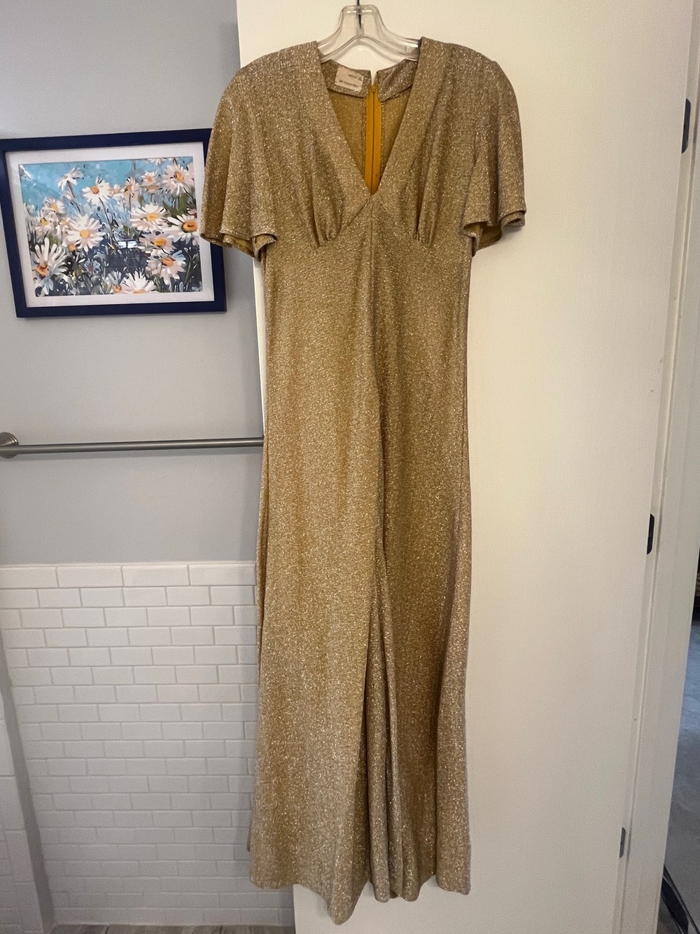 Vintage Gold Handmade V-Neck Sparkle Floor Length Gown w/ Flutter Sleeves